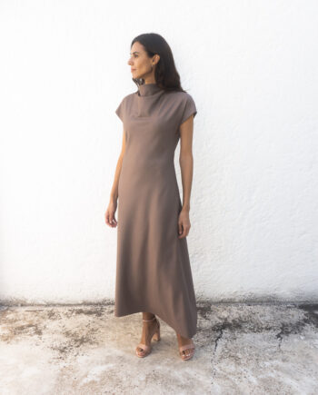 Midi Dress with High Neck and Short Reglan Sleeve